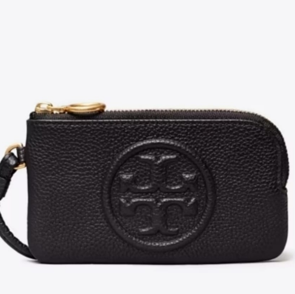 Tory Burch Black Leather & Gold Hardware Perry Bombe Top Zip Cards Wallet